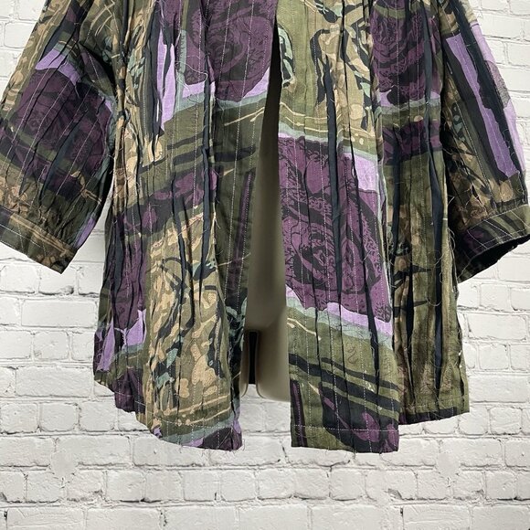NWT Tantrums Green & Purple Rose Pleated Wood Buttoned 3/4 Sleeve Blouse Size 1X - Picture 7 of 14